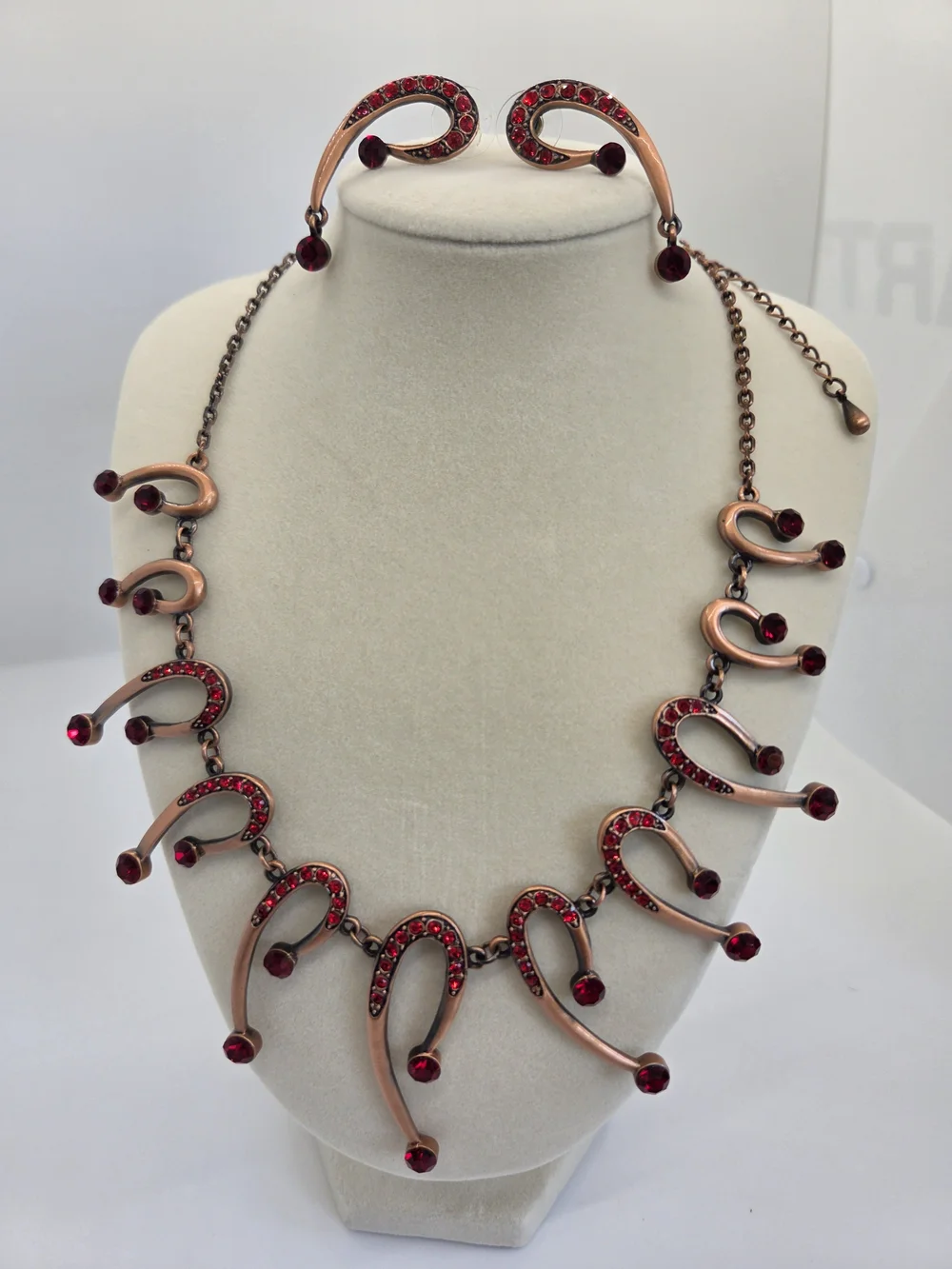 Red Crystal Crescent Drop Necklace and Earring Set, Copper Tone
